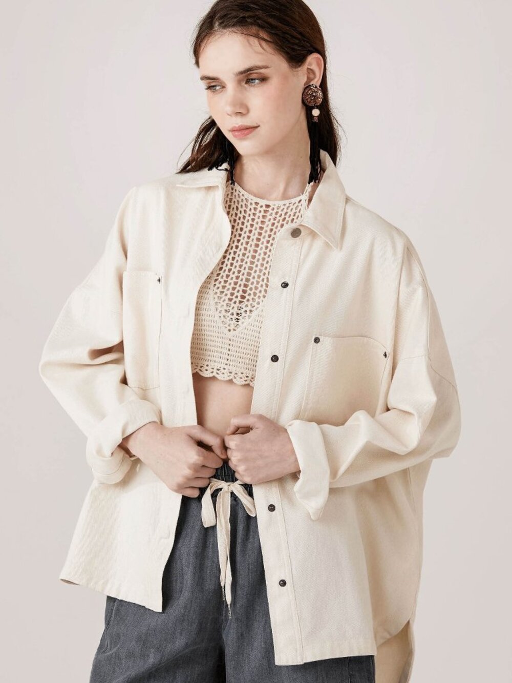 B23 Oversized Denim Twill Shirt Jacket in Cream